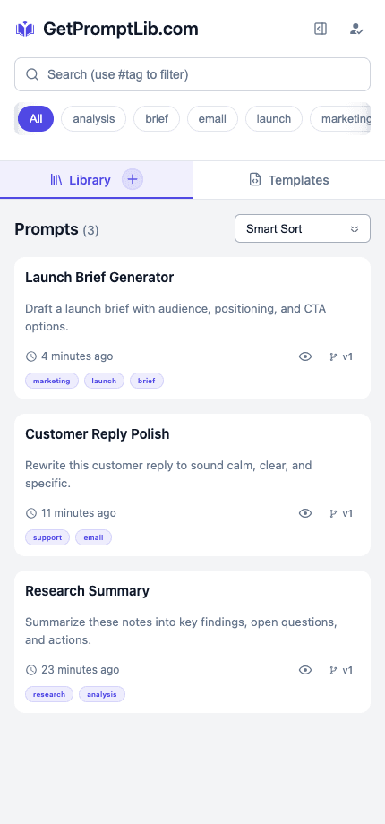 GetPromptLib side panel showing saved prompts, search, and tags.